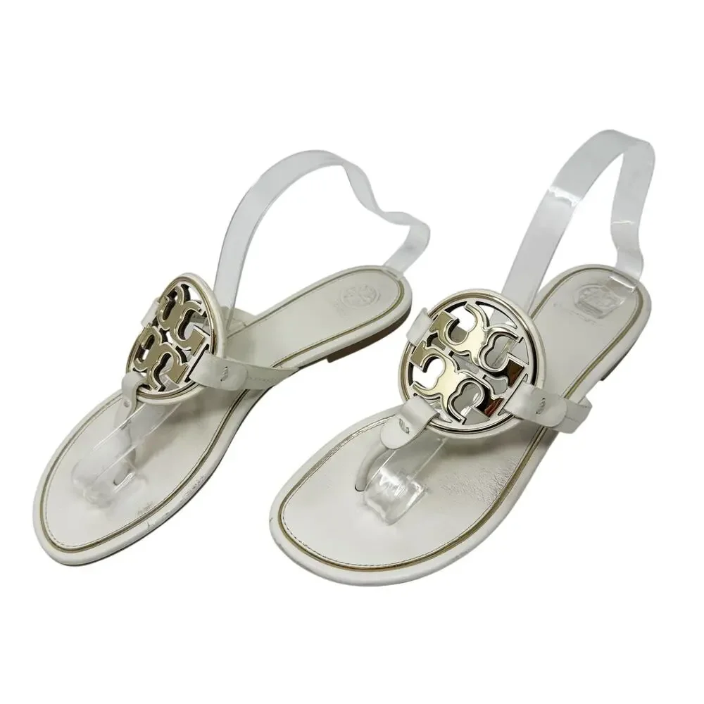 Tory Burch Ivory Benton Thong Slide Sandal Leather Gold Logo Box 9.5